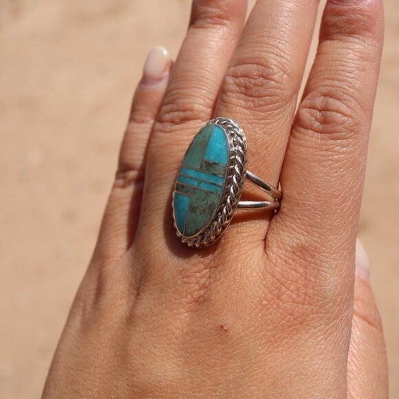 Navajo Sonoran and AZ Blue Turquoise Inlay Ring‎ Signed Handmade NA Sz 8.25US** - Picture 10 of 14